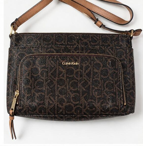 Calvin Klein Handbags - Calvin Klein Brown Monogram Crossbody Bag Zip Top Multi Pocket